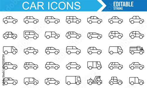 A collection of car icons, including various types of vehicles such as sedans, vans, SUVs, and trucks in a minimalist line art style.