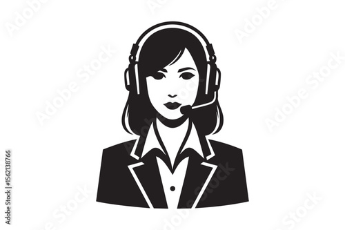 Female Call Center Agent Icon with Headset – Black and White Vector Illustration