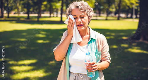 Fototapeta Naklejka Na Ścianę i Meble -  Mature woman suffering from extreme heat in a park, wiping her face and holding water. Dehydration and heatstroke prevention. Health care in summer weather. Banner with copy space