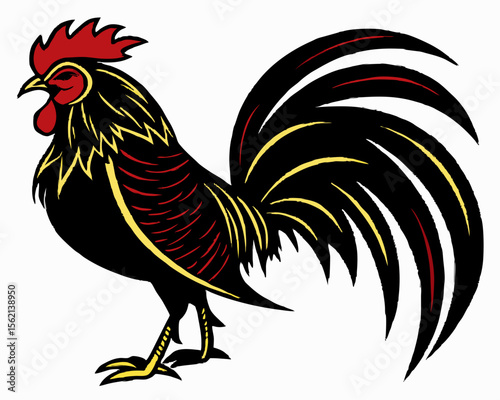 Stylized black rooster with red comb and yellow accents on white background