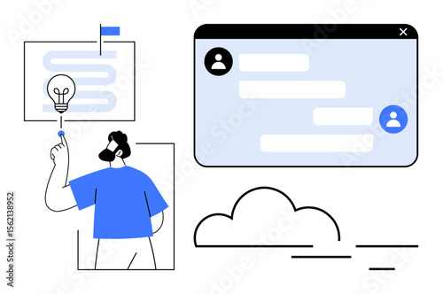Man pointing at flowchart with light bulb icon, messaging interface, and cloud. Ideal for brainstorming, communication, teamwork, idea sharing, innovation, creativity tech platforms simple landing
