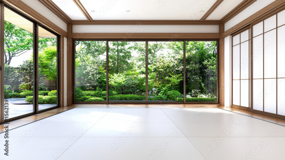 Fototapeta premium Serene interior of traditional room with large windows showcasing lush garden view, creating peaceful atmosphere