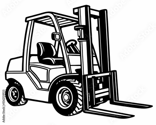Black and white illustration of a modern forklift truck viewed from the side