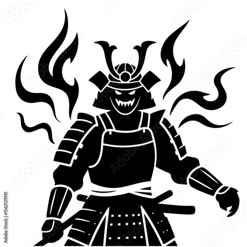 Samurai warrior black illustration with evil face and flames, design element