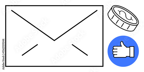 Envelope icon with coin and thumbs-up sign emphasizing digital communication, monetary transactions, and approval. Ideal for email marketing, feedback, finance, e-commerce, customer support, online