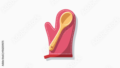 Oven mitt playfully tossing wooden spoon on white background, cooking fun