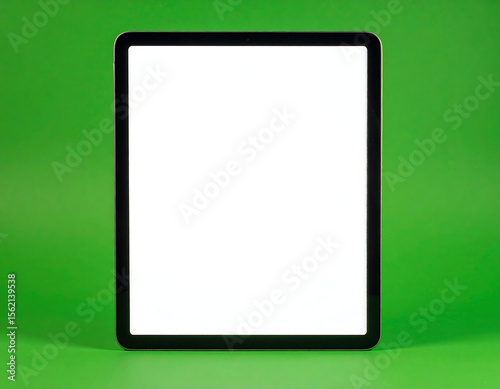 Modern tablet computer with blank white screen displayed against a vibrant green background.