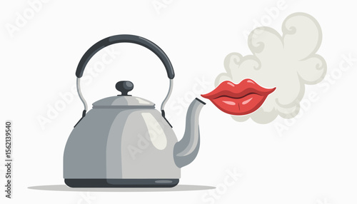 Whistling kettle releasing steam shaped like lips, playful concept