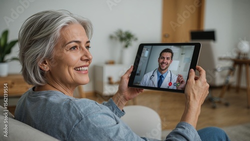An older woman smiles during a telehealth appointment with her doctor on a tablet device at home