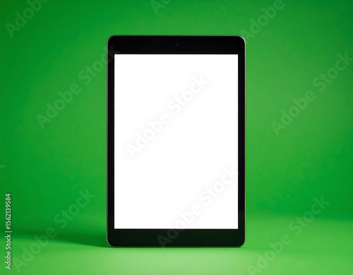 A black tablet with a blank white screen stands against a vibrant green background.