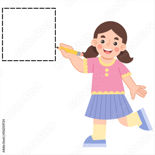 Illustration of a girl learning to trace a square shape. Illustration of geometric shapes