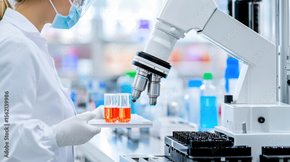 Fototapeta premium Laboratory technician using robotic arm to handle test tubes in modern lab environment, showcasing advanced technology and precision