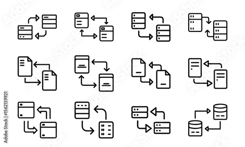 Data exchange and information transfer icons depict communication between data storage servers and documents.