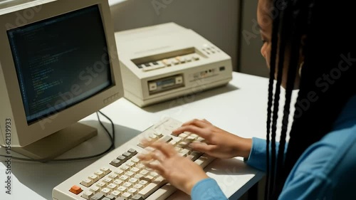 Typing Code on Vintage Computer Display in Office Setting