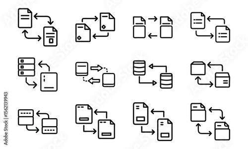 Set of black and white line icon illustrations depicting data flow and information exchange