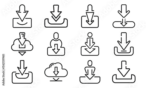 Collection of simple download icon illustrations displaying arrows with boxes and outlines for websites and applications