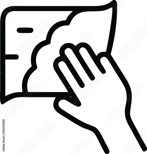 Surface cleaning icon with hand holding cloth in simple outline style