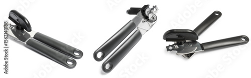 Tableau sur toile Can opener isolated on white, collage. View from different sides
