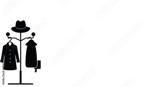 Stylish Black Coat, Hat, and Jacket on Modern Minimalist Coat Rack, Simple, Elegant, and Chic Fashion Illustration.