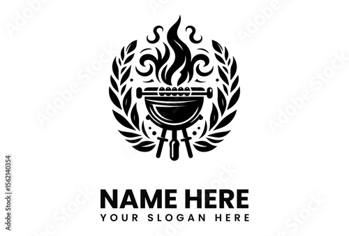 A black and white logo featuring a grill with flames, surrounded by a laurel wreath design.