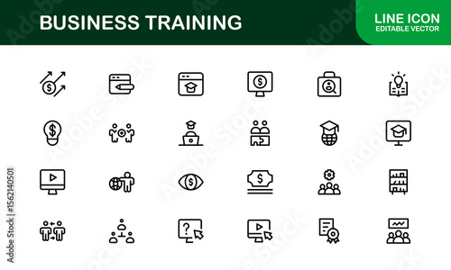 Business Training Line Icon Set – Modern, Minimal, Professional Outline Icons for Coaching, Workshop, Mentorship, Development, and Corporate Skills