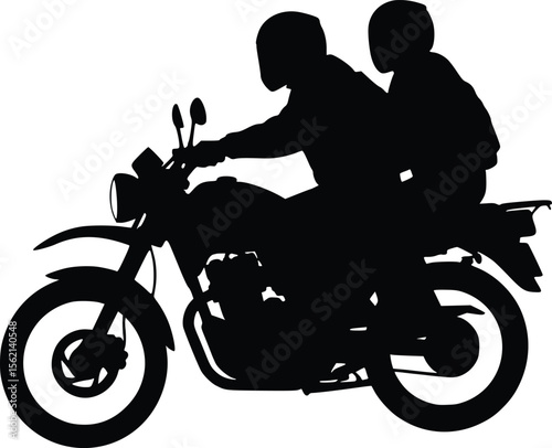 Adventure silhouette illustration of two individuals riding a motorcycle, showcasing companionship and mobility.

