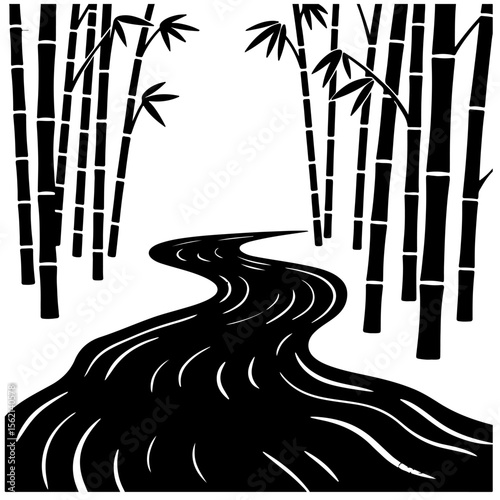 Black and white bamboo forest illustration with a winding river, minimalist design
