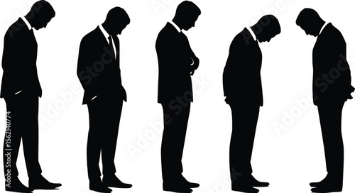 Silhouette illustration of five individuals in formal attire, showcasing diverse postures and teamwork.