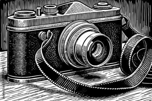 vintage camera with open lens and winding film reel, perfect for photography blogs, creative studio branding, nostalgia posters or arm tattoos a black and white line art illustration