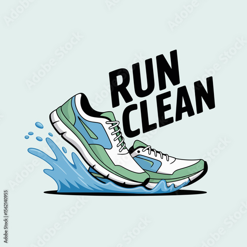 Illustration of running shoes splashing through water with the text Run Clean in bold black letters promoting cleanliness hygiene and a fresh start in running