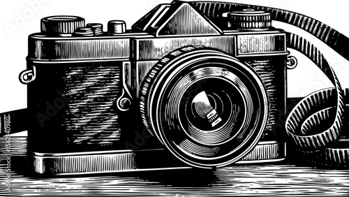 vintage camera with open lens and winding film reel, perfect for photography blogs, creative studio branding, nostalgia posters or arm tattoos a black and white line art illustration