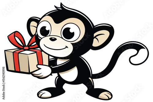 Cute cartoon monkey joyfully presents a beautifully wrapped gift box with an elegant red ribbon