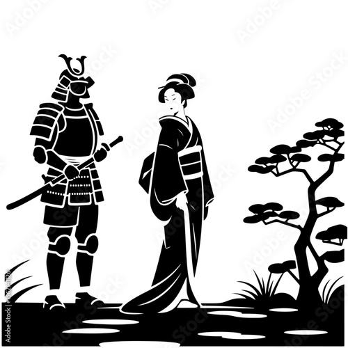 Black and white illustration of a samurai, geisha, and Japanese landscape.