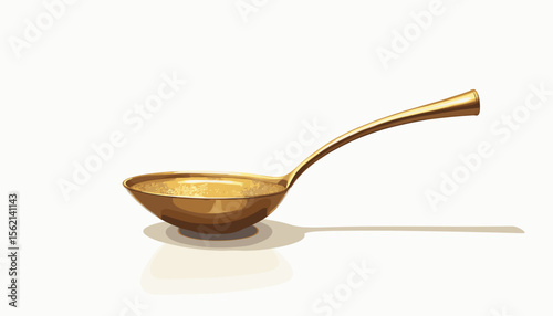 Golden soup ladle posing elegantly with soup on white background, luxury