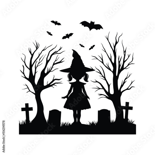 Dark Halloween Art with Girl Witch Shadow
