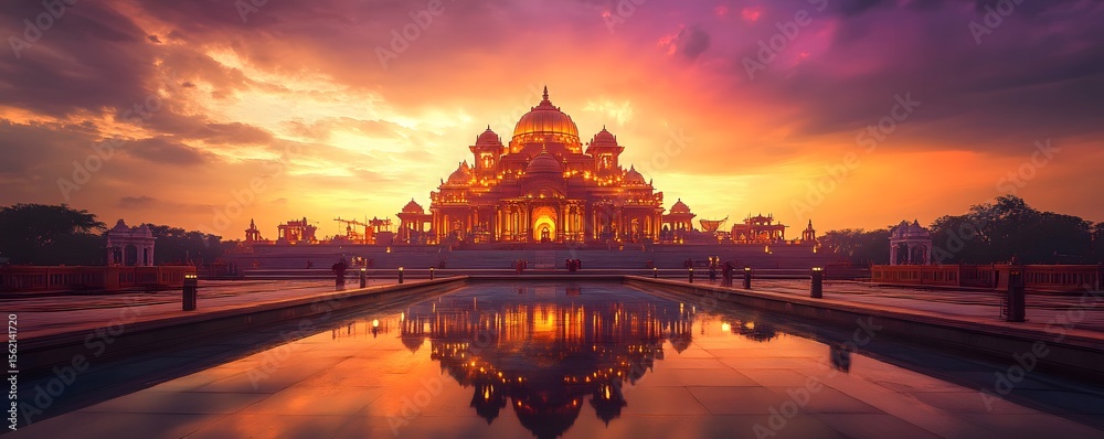 Obraz premium Akshardham Temple glowing under dramatic sunset skies with vibrant orange and purple hues