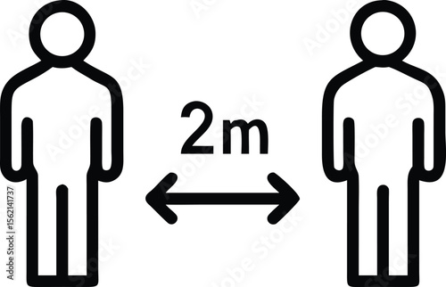 Two person icon figures with arrow showing required distance of two meters