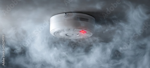 The smoke detector alarming amidst a foggy interior atmosphere for safety.