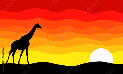 Silhouetted giraffe against a vibrant sunset with orange, yellow, and red hues over a savanna landscape