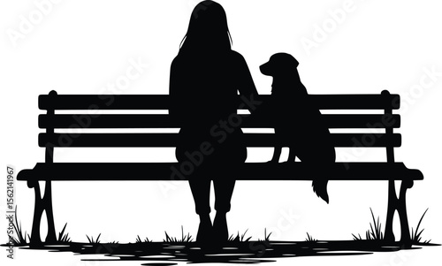 Silhouette of person sitting on a bench with a dog showing companionship and calm

