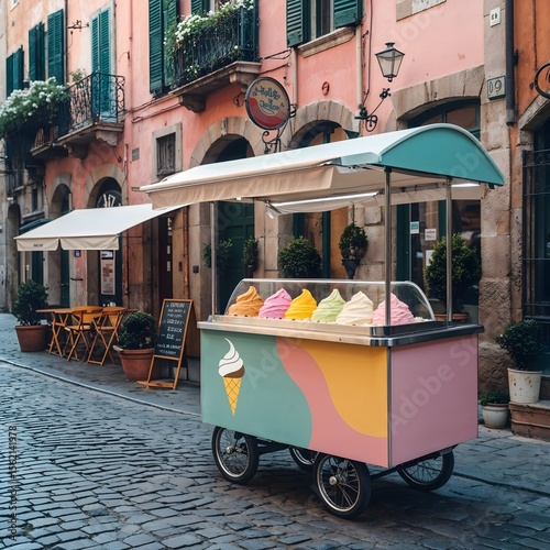 Italian gelato cart on cobblestone street, pastel colors
