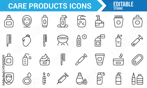 Set of icons depicting common care products such as soaps, shampoos, and creams.