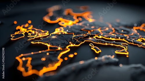 Europe map depicts boundaries illuminated network connections dark background details