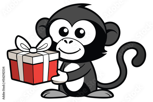 Cute cartoon monkey holds a red gift box with a happy smile on its face