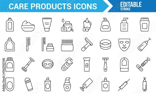 Collection of icons for personal care items like shampoos, conditioners, and skincare products.