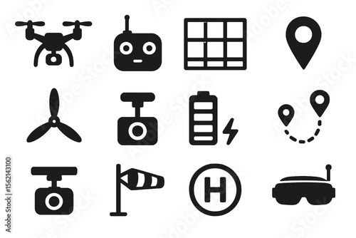 12 black drone icons. Solid vector for aerial tech, photography, and navigation.