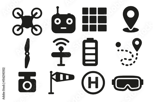 Black set of 12 UAV icons. Minimal vector for remote control and flight design.