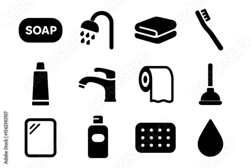 Black set of 12 wash icons. Minimal vector for personal care and sanitary design.