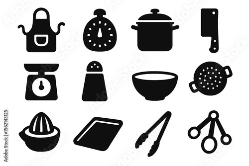 12 black cooking tools icons. Solid vector for kitchen, recipes, and culinary art.