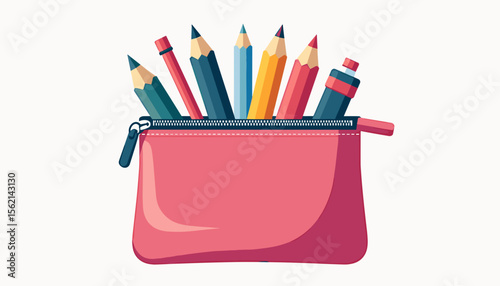 Colorful pencil pouch overflowing with vibrant stationery items, creativity